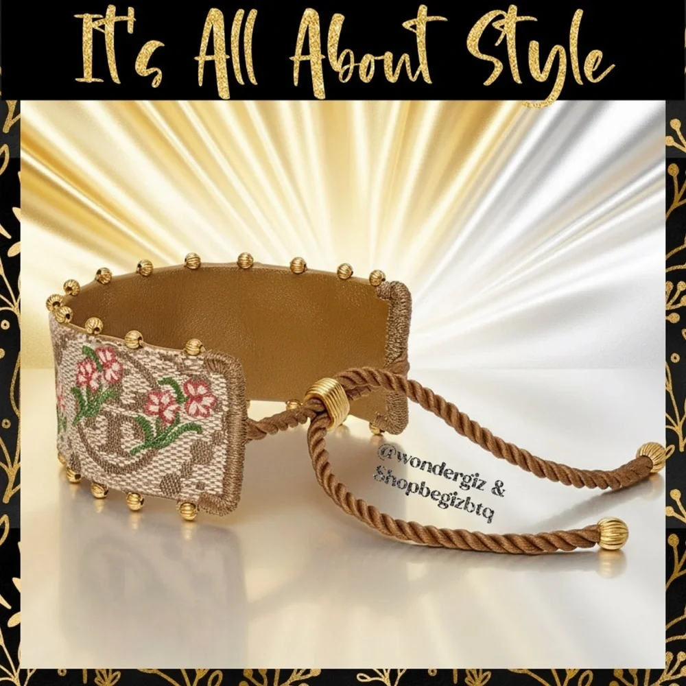 NWT Authentic Tory Burch T-Monogram Logo & Floral Embroidery Slider Bracelet